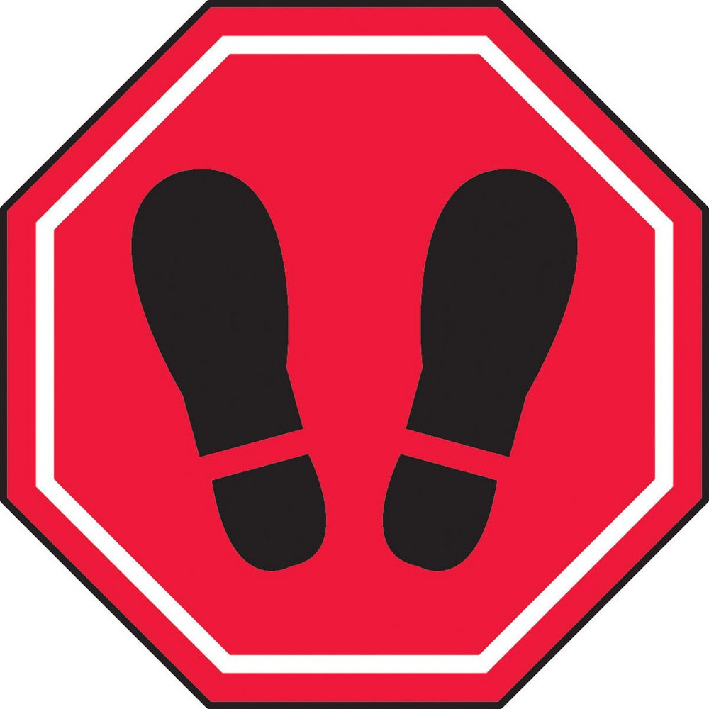 Adhesive Backed Floor Signs; Message Type: Traffic Control; Message/Graphic: Graphic Only; Message or Graphic: Graphic Only; Legend: Footprint Graphic; Material: Vinyl; Legend Color: Black; Color: Red, White, Black; Shape: Octagon