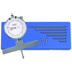Dial Depth Gages; Minimum Measurement: 0; Maximum Measurement: 558.80; Graduation: 0.0100; Base Length: 4.0000; Base Width: 0.630 in; Accuracy: ± 0.001?/0.03mm; Rod Diameter: 0.176 in; Travel: 25.00