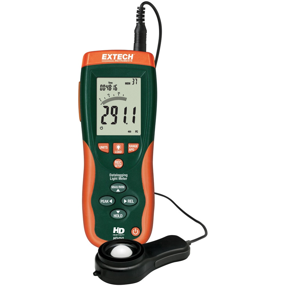 Light Meters; Compatible Lighting: All Visible Light; Maximum Measurement: 40,000 Fc, 400,000 Lux; Minimum Measurement: 0 Fc, 0 Lux; Accuracy: ±5%; Sensor Type: Remote; Display Type: LCD; Memory Type: Built-in Memory; Overall Length: 6.70