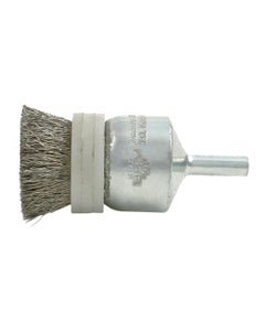 1/2″ Diameter × 1/4″ Shank Diameter × 7/8″ Trim Length, 0.014″ Crimped Bristle, Carbon Steel, Solid End - Banded Brush