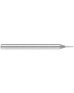 0.03″ Dia. × 3/32″ LOC × 1/8″ Shank Size × 1-1/2″ OAL, 3 Flute, 15 Degrees Body Half Taper Angle, Carbide, Uncoated, Square, Tapered End Mill