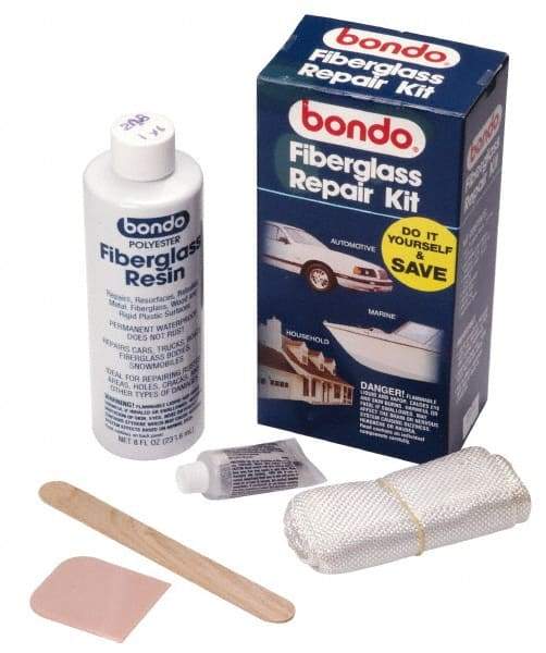 3M - 7 Piece Fiberglass Repair Kit - 8 oz Fiberglass Resin, .2 oz Liquid Hardener Plastic Spreader, 3 Sq Ft Fiberglass Cloth, Mixing Stick, Mixing Tray, Instructions Booklet - Exact Tool & Supply