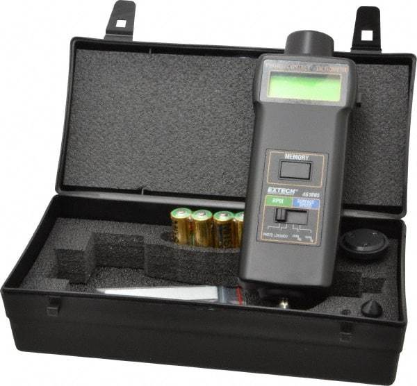 Extech - Accurate up to 0.05%, 0.1 (5 to 999.9) and 1 (1,000 to 99,999) RPM Resolution, Contact Tachometer - 8-1/2 Inch Long x 2.5984 Inch Wide x 1-1/2 Inch Meter Thick, 0.5 (Contact) and 5 (Photo) to 19,999 (Contact) and 99,999 (Photo) RPM Measurement - Exact Tool & Supply