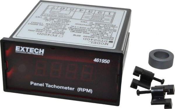 Extech - Accurate up to 0.05%, 0.1 and 0.1 (5 to 1,000) and 1 (1,000 to 9,999) and 10 (10,000 to 99,990) RPM Resolution, Noncontact Tachometer - 4.8819 Inch Long x 2 Inch Wide x 1.2992 Inch Meter Thick, 5 to 99,990 RPM Measurement - Exact Tool & Supply