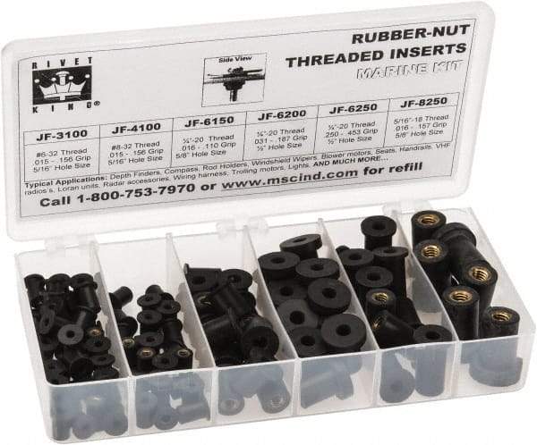 RivetKing 115 Piece #8-32 to 1/4-20 Thread Neoprene Well Nut Assortment 5/16 to 1/2" Body Diam, Includes #10-32 x 3/8, #8-32 x 5/16 & 1/4-20 x 1/2 - Exact Tool & Supply