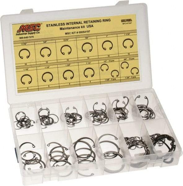 Value Collection - 120 Piece, 1/2 to 1-3/4", Stainless Steel, Snap Internal Retaining Ring Assortment - Includes Compartmented Case, Specification Labels - Exact Tool & Supply