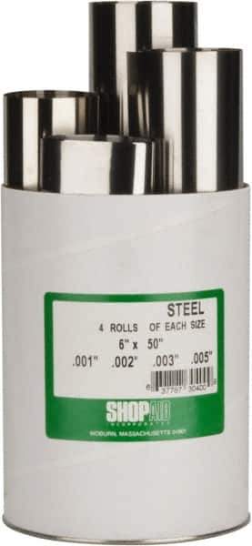 Value Collection - 4 Piece, 50 Inch Long x 6 Inch Wide x 0.001 to 0.005 Inch Thick, Assortment Roll Shim Stock - Steel, 0.001 to 0.005 Inch Thick - Exact Tool & Supply
