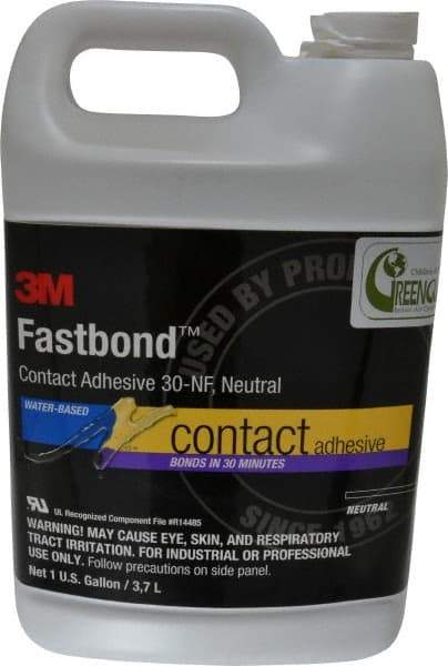 3M - 1 Gal Bottle Natural Contact Adhesive - Series 30NF, 15 to 30 min Working Time, 4 hr Full Cure Time, Bonds to Cardboard, Ceramic, Fabric, Fiberglass, Foam, Glass, Leather, Metal, Plastic, Rubber, Vinyl & Wood - Exact Tool & Supply