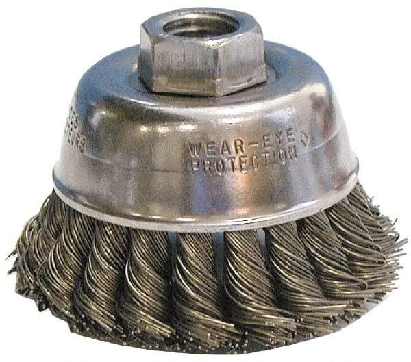 Anderson - 4" Diam, 5/8-11 Threaded Arbor, Steel Fill Cup Brush - 0.025 Wire Diam, 1-1/4" Trim Length, 9,000 Max RPM - Exact Tool & Supply