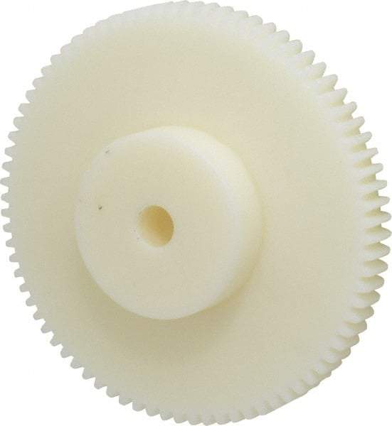 Poly Hi Solidur - 16 Pitch, 5" Pitch Diam, 5-1/8" OD, 80 Tooth Spur Gear - 1/2" Face Width, 1/2" Bore Diam, 2-1/4" Hub Diam, 14.5° Pressure Angle, Nylon - Exact Tool & Supply