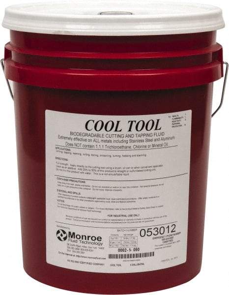 Monroe Fluid Technology - Cool Tool, 5 Gal Pail Cutting & Tapping Fluid - Straight Oil, For Blanking, Boring, Broaching, Drilling, Hobbing, Milling, Reaming, Tapping, Turning - Exact Tool & Supply