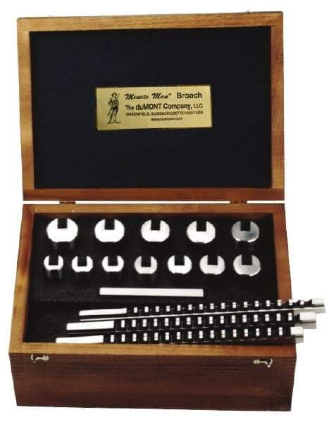 Dumont Minute Man - 15 Piece, 10 to 14mm Keyway Width, Style D Keyway Broach Set - Bright Finish High Speed Steel Broach, Plain Bushing, 32 to 50mm Bushing Diam - Exact Tool & Supply