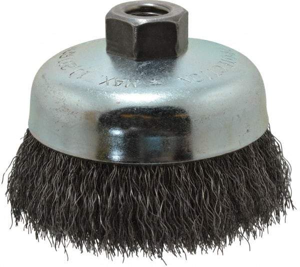 Anderson - 4" Diam, 5/8-11 Threaded Arbor, Steel Fill Cup Brush - 0.0118 Wire Diam, 7/8" Trim Length, 9,000 Max RPM - Exact Tool & Supply