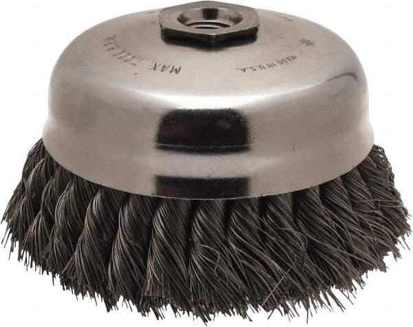 Anderson - 5" Diam, 5/8-11 Threaded Arbor, Steel Fill Cup Brush - 0.014 Wire Diam, 1-1/4" Trim Length, 7,000 Max RPM - Exact Tool & Supply