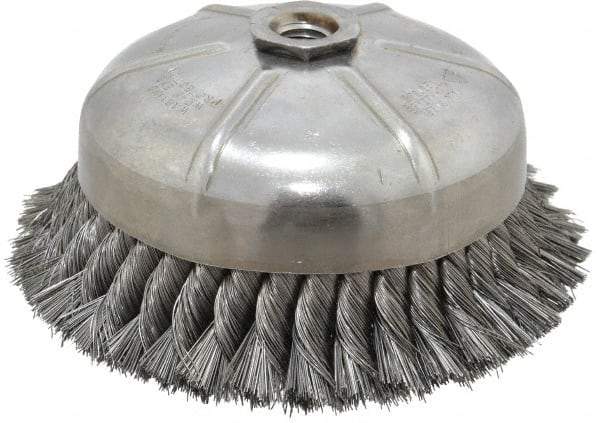 Anderson - 6" Diam, 5/8-11 Threaded Arbor, Steel Fill Cup Brush - 0.014 Wire Diam, 1-3/8" Trim Length, 6,600 Max RPM - Exact Tool & Supply