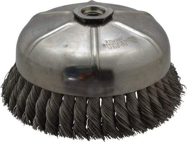 Anderson - 6" Diam, 5/8-11 Threaded Arbor, Steel Fill Cup Brush - 0.02 Wire Diam, 1-3/8" Trim Length, 6,600 Max RPM - Exact Tool & Supply