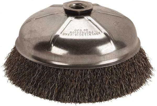 Anderson - 6" Diam, 5/8-11 Threaded Arbor, Steel Fill Cup Brush - 0.014 Wire Diam, 1-3/8" Trim Length, 6,600 Max RPM - Exact Tool & Supply