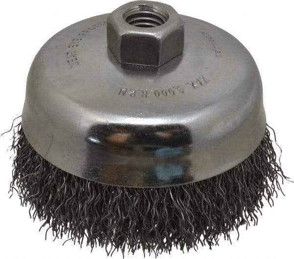Anderson - 5" Diam, 5/8-11 Threaded Arbor, Steel Fill Cup Brush - 0.02 Wire Diam, 1-1/4" Trim Length, 9,000 Max RPM - Exact Tool & Supply