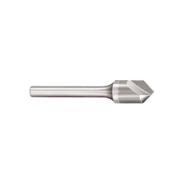 SGS - 3/8" Head Diam, 1/4" Shank Diam, 1 Flute 90° Solid Carbide Countersink - Bright Finish, 2-13/16" OAL, Single End, Straight Shank, Right Hand Cut - Exact Tool & Supply