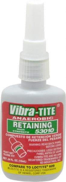 Vibra-Tite - 10 mL Bottle, Green, High Strength Liquid Retaining Compound - Series 530, 24 hr Full Cure Time, Hand Tool Removal - Exact Tool & Supply
