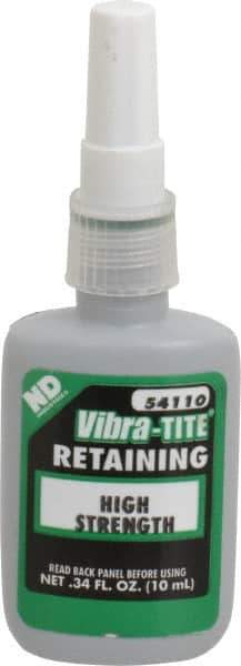 Vibra-Tite - 10 mL Bottle, Green, High Strength Liquid Retaining Compound - Series 541, 24 hr Full Cure Time, Heat Removal - Exact Tool & Supply