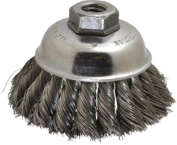 Anderson - 3-1/2" Diam, 5/8-11 Threaded Arbor, Steel Fill Cup Brush - 0.014 Wire Diam, 1-1/4" Trim Length, 9,000 Max RPM - Exact Tool & Supply