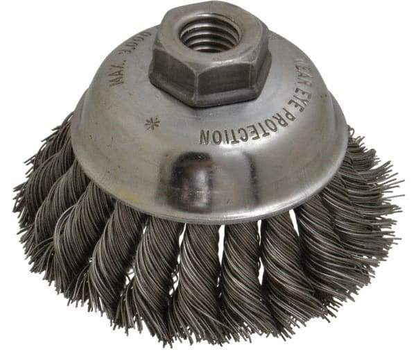Anderson - 3-1/2" Diam, 5/8-11 Threaded Arbor, Steel Fill Cup Brush - 0.02 Wire Diam, 1-1/4" Trim Length, 9,000 Max RPM - Exact Tool & Supply