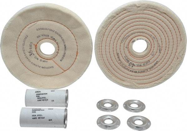 Dico - 6" Diam Cushion Sewn, Spiral Sewn Buffing Wheel Set - 1/2 - 1" Arbor Hole, Emery - Exact Tool & Supply