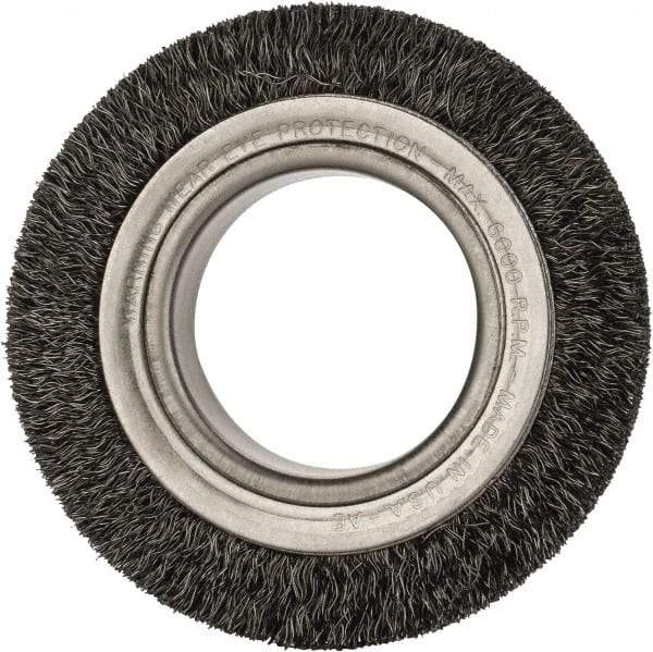 Anderson - 4-1/4" OD, 2" Arbor Hole, Crimped Steel Wheel Brush - 1-1/2" Face Width, 5/8" Trim Length, 0.0118" Filament Diam, 6,000 RPM - Exact Tool & Supply