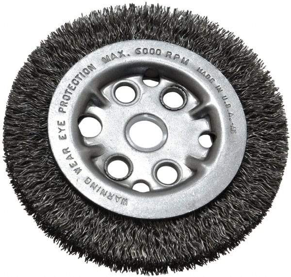 Anderson - 4-1/4" OD, 5/8" Arbor Hole, Crimped Steel Wheel Brush - 3/4" Face Width, 5/8" Trim Length, 0.014" Filament Diam, 6,000 RPM - Exact Tool & Supply