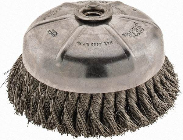 Anderson - 6" Diam, 5/8-11 Threaded Arbor, Stainless Steel Fill Cup Brush - 0.014 Wire Diam, 1-3/8" Trim Length, 6,600 Max RPM - Exact Tool & Supply