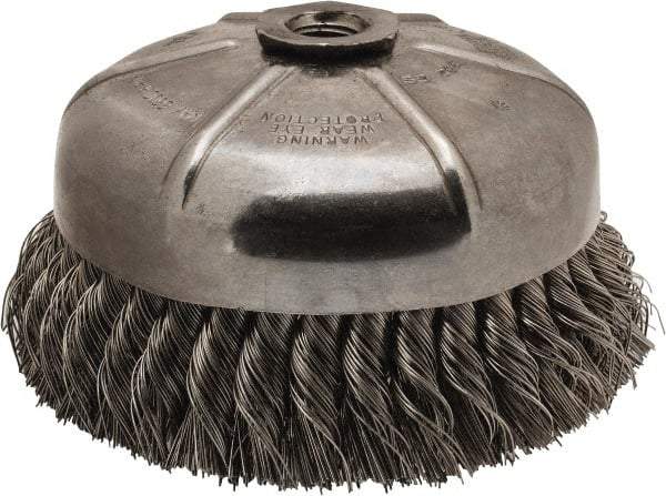 Anderson - 6" Diam, 5/8-11 Threaded Arbor, Stainless Steel Fill Cup Brush - 0.02 Wire Diam, 1-3/8" Trim Length, 6,600 Max RPM - Exact Tool & Supply