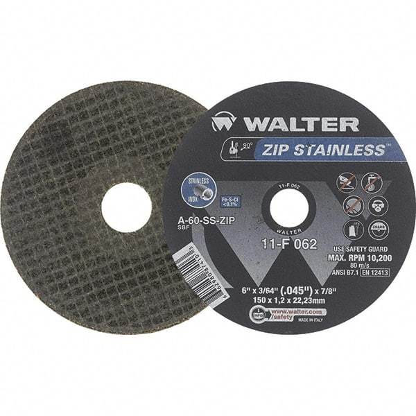 WALTER Surface Technologies - 6" Aluminum Oxide Cutoff Wheel - 3/64" Thick, 7/8" Arbor, 10,200 Max RPM, Use with Die Grinders - Exact Tool & Supply