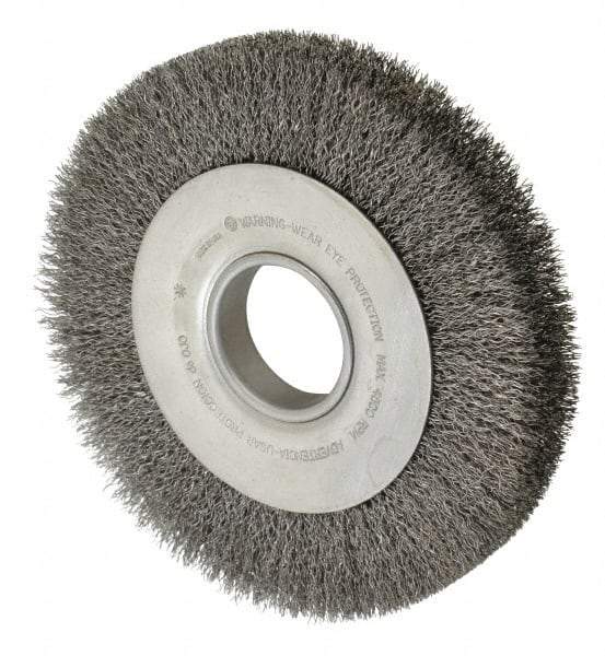 Anderson - 8" OD, 2" Arbor Hole, Crimped Steel Wheel Brush - 1-1/8" Face Width, 1-1/2" Trim Length, 0.014" Filament Diam, 4,500 RPM - Exact Tool & Supply