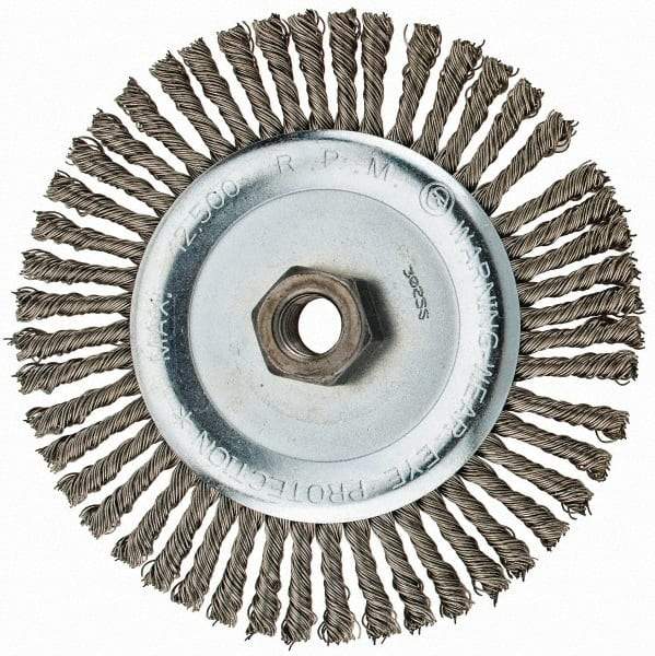 Anderson - 6" OD, 5/8-11 Arbor Hole, Knotted Stainless Steel Wheel Brush - 3/16" Face Width, 1-1/8" Trim Length, 0.02" Filament Diam, 12,500 RPM - Exact Tool & Supply