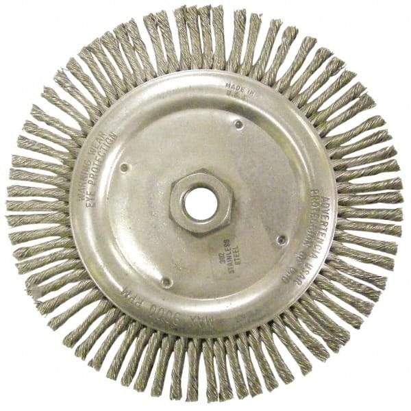 Anderson - 6-7/8" OD, 5/8-11 Arbor Hole, Knotted Steel Wheel Brush - 3/16" Face Width, 1-1/4" Trim Length, 0.02" Filament Diam, 9,000 RPM - Exact Tool & Supply