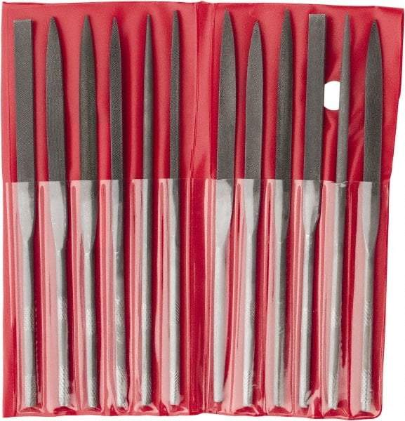 Value Collection - 12 Piece Swiss Pattern File Set - 6-1/4" Long, 2 Coarseness, Round Handle, Set Includes Barrette, Crossing, Equalling, Flat, Half Round, Knife, Round, Round Edge Joint, Slitting, Square, Three Square - Exact Tool & Supply