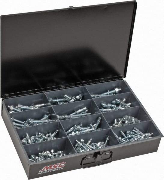 Value Collection - 290 Piece, 1/4 to 1/2" Screw, Steel Anchor Assortment - Zinc Plated, 1-3/4 to 5-1/2" Long - Exact Tool & Supply
