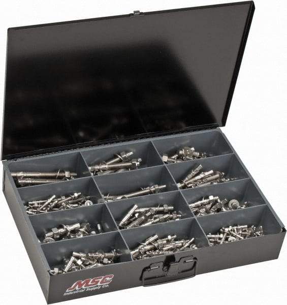 Value Collection - 290 Piece, 1/4 to 1/2" Screw, Stainless Steel Hex Drive Anchor Assortment - 1-3/4 to 5-1/2" Long - Exact Tool & Supply