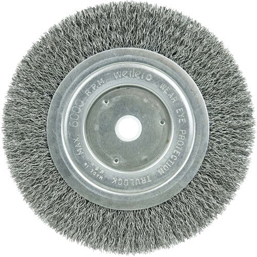 6″ Narrow Face Crimped Wire Wheel, Short Trim, .014″ Steel Fill, 5/8″-1/2″ Arbor Hole - Exact Tool & Supply