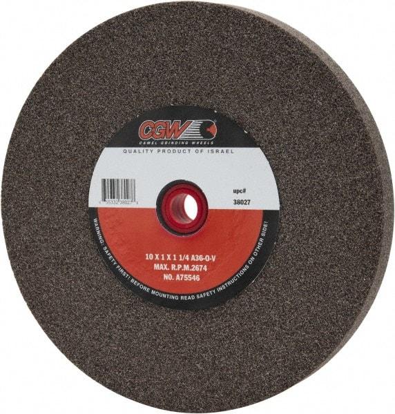 Camel Grinding Wheels - 36 Grit Aluminum Oxide Bench & Pedestal Grinding Wheel - 10" Diam x 1-1/4" Hole x 1" Thick, 2483 Max RPM, O Hardness, Very Coarse Grade , Vitrified Bond - Exact Tool & Supply