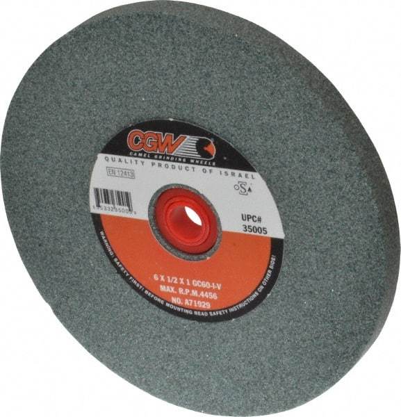 Camel Grinding Wheels - 60 Grit Silicon Carbide Bench & Pedestal Grinding Wheel - 6" Diam x 1" Hole x 1/2" Thick, 4456 Max RPM, I Hardness, Medium Grade , Vitrified Bond - Exact Tool & Supply