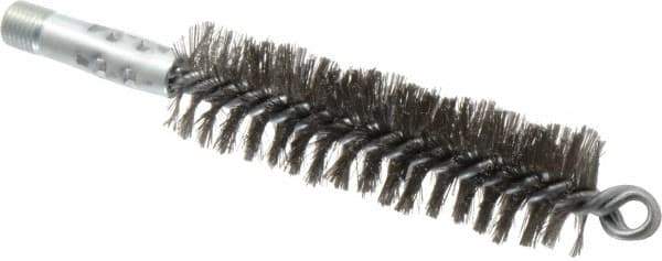 Schaefer Brush - 4-1/2" Brush Length, 1-1/4" Diam, Double Stem, Double Spiral Tube Brush - 7-1/4" Long, Stainless Steel, 1/4" NPSM Male Connection - Exact Tool & Supply