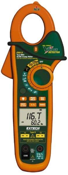 Extech - EX613, CAT III, Digital True RMS Auto Ranging Clamp Meter with 1-1/4" Clamp On Jaws - 600 VAC/VDC, 400 AC/DC Amps, Measures Voltage, Capacitance, Current, Frequency, Resistance - Exact Tool & Supply