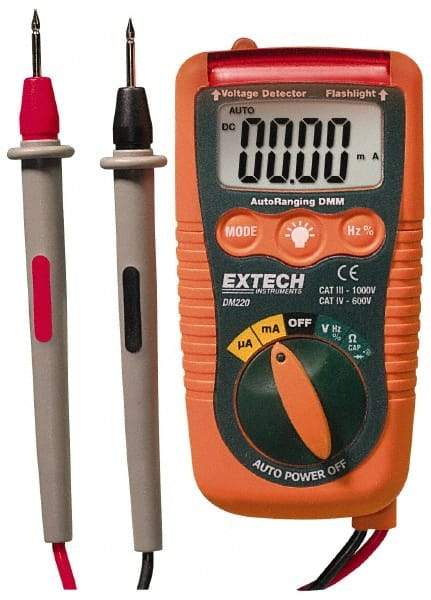 Extech - DM220, CAT IV, 600 VAC/VDC, Digital Auto Ranging Multimeter - 40 mOhm, Measures Voltage, Current, Frequency, Resistance - Exact Tool & Supply