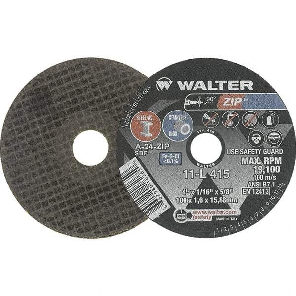 WALTER Surface Technologies - 4" 24 Grit Aluminum Oxide Cutoff Wheel - 1/16" Thick, 5/8" Arbor, 19,100 Max RPM, Use with Die Grinders - Exact Tool & Supply