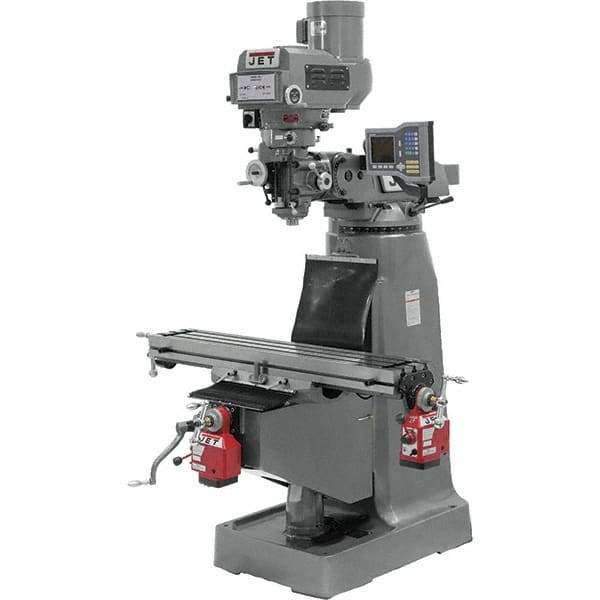 Jet - 9" Table Width x 49" Table Length, Variable Speed Pulley Control, 3 Phase Knee Milling Machine - R8 Spindle Taper, 3 hp - Exact Tool & Supply