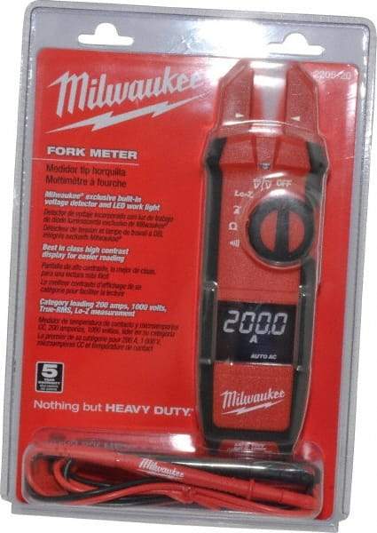 Milwaukee Tool - 2205-20, CAT IV, CAT III, Digital True RMS Clamp Meter with 0.63" Fork Jaws - 1000 VAC/VDC, 200 AC/DC Amps, Measures Voltage, Continuity, Current, Resistance - Exact Tool & Supply