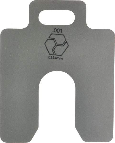 Made in USA - 20 Piece, 2 Inch Long x 2 Inch Wide x 0.001 Inch Thick, Slotted Shim Stock - Stainless Steel, 5/8 Inch Wide Slot - Exact Tool & Supply