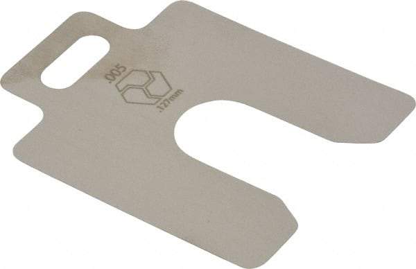 Made in USA - 20 Piece, 2 Inch Long x 2 Inch Wide x 0.005 Inch Thick, Slotted Shim Stock - Stainless Steel, 5/8 Inch Wide Slot - Exact Tool & Supply